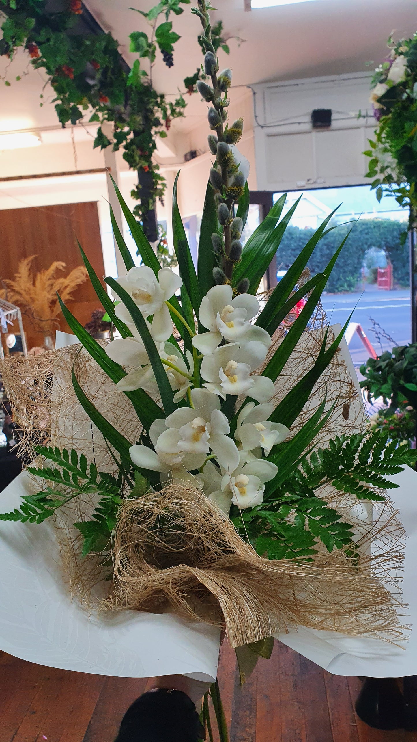 Gift wrapped single stem of Cymbidium Orchid